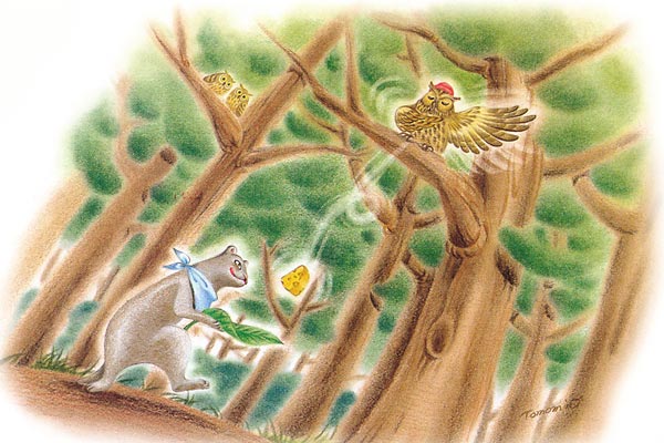 コノハズクとエゾオコジョ
